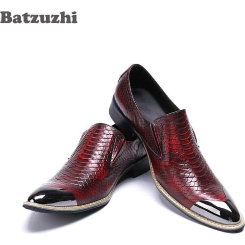 Luxury Handmade Mens Shoes 2021 Genuine Leather Dress Shoes Formal Leather Business Shoes Men Metal Toe Oxfords Fish Scales Red