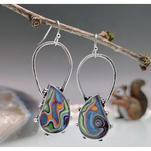 Boho Tribal Colorful Stone Drop Earrings for Women Vintage Spiral Marble Pattern Geometric Dangle Earrings Wedding Band Jewelry