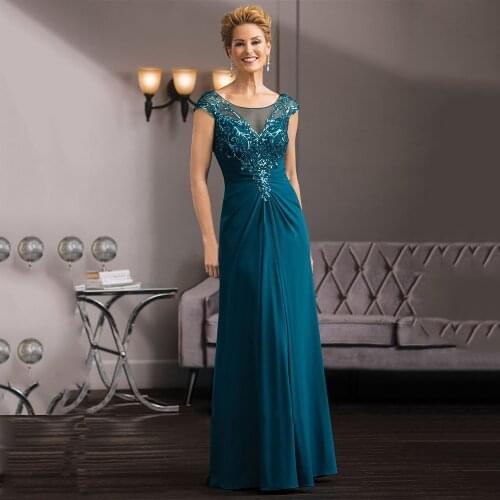 Sequin Appliques Party Gowns for Mother of Groom Cap Sleeve Scoop Neck Pleat Floor Length Chiffon Long Mother Of The Bride Dress