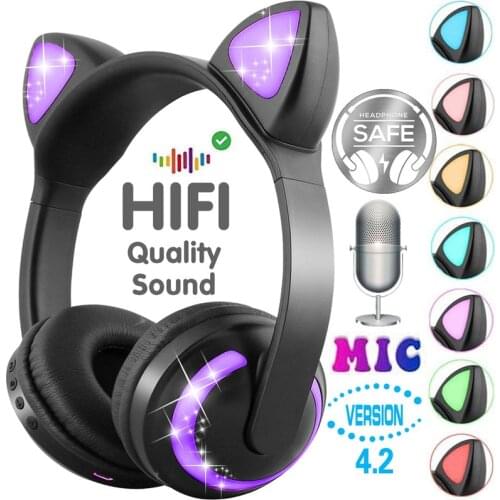 LED light Cat Ears Noise Cancelling Headphones Bluetooth Kids Headset Support TF Card 3.5mm Plug for Phones With Microphone