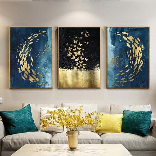 Nordic Golden Black Fish Butterfly Wall Art Canvas Poster Print Canvas Painting Decorative Picture for Living Room Home Decor