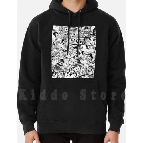 Pattern hoodies long sleeve Collage Hentai Anime Girls Black White Japan Weeb Anime Girl Manga Doujin Doujinshi
