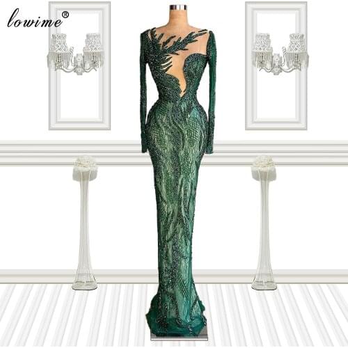 Long Sleeves Green Beads Evening Dresses 2021 Formal Vintage Evening Gowns Luxury Mermaid Cocktail Dresses Wedding Party Dresses