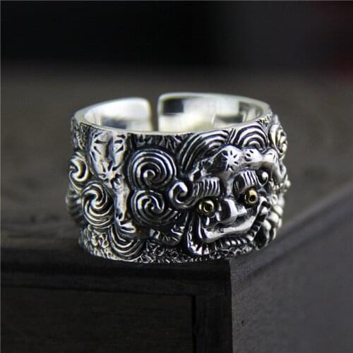 Pure Silver 925 Sterling Thai Silver Vintage Open Size Adjustable Ring Mythical Wild Animal Finger S925 Ring
