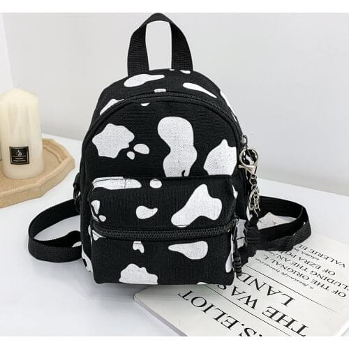 Women Canvas Schoolbag Comfortable Leisure Chic Fashionable Teenage Girl Shoulder Bag Cow Milk Print Small Backpack