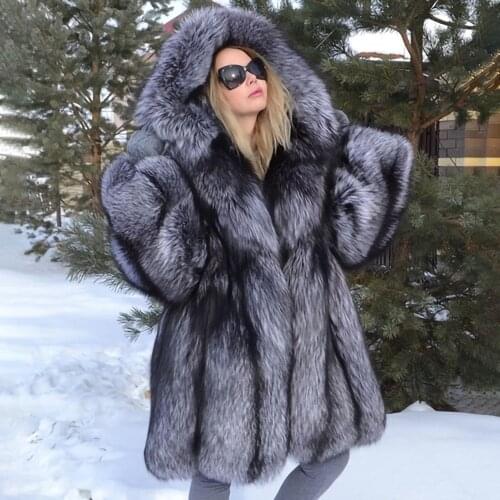 Luxury Real Fur Coat For Women Natural Russian Silver Fox Fur Winter Jacket With Hood Thick Warm Real Fur Jacket Outerwear Plus