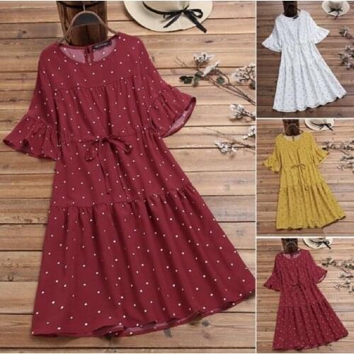 Womens round neck puff sleeves solid color with polka dots belt cotton and linen casual comfortable loose skirt