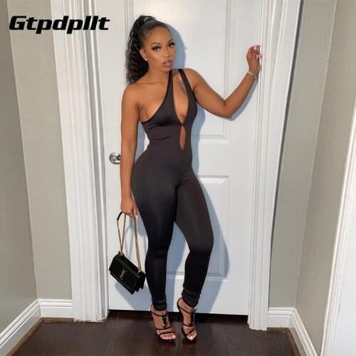 Gtpdpllt Sexy High Waist Women Jumpsuit Oblique Straps Hollow Out Wrap Chest Long Jumpsuits Rompers Femme Backless Black Body