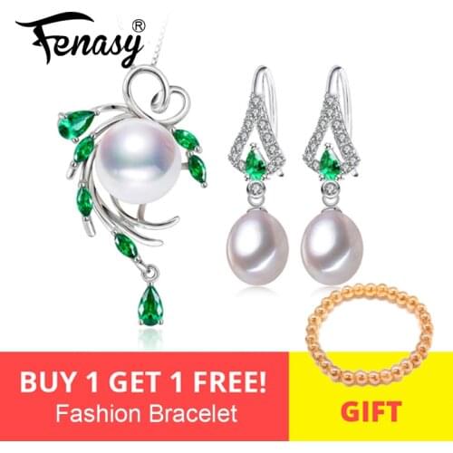 FENASY Pearl Jewelry Sets,Pearl Pendant Necklace Earrings For Women ,Bohemian 925 sterling silver Emerald leaf big earrings set
