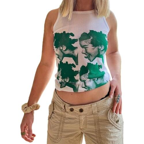 Y2K Women’s Fashion Portrait Printing Vest 90s Girls Summer Casual Round Neck Sleeveless Pullover Tops Retro Camis Tees