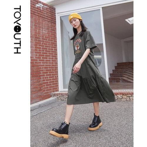 Toyouth Women Dress 2021 Summer Short Sleeve Round Neck H Line Elastic Waist Cartoon Print Contrast Colored Chic Casual Dresses