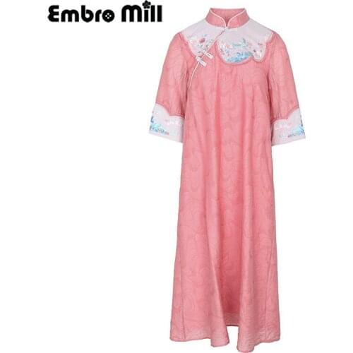 Spring New Cheongsam Women Retro Embroidery + Jacquard Chinese Style Stand Collar Three Quarter Sleeve Dress S-XXL