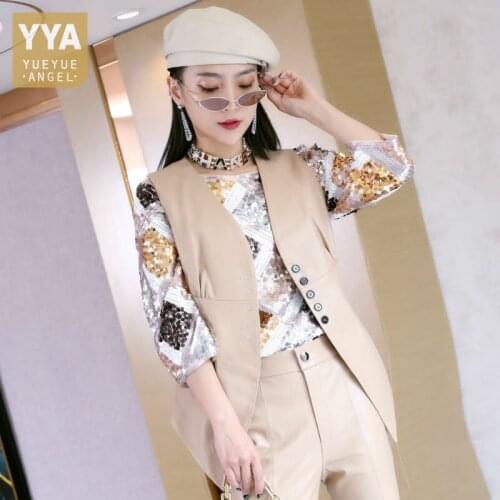 Spring Women V Neck Single Breasted Vest High Quality Sheepskin Genuine Leather Jacket Sleeveless Slim Fit Khaki Waistcoat Tops