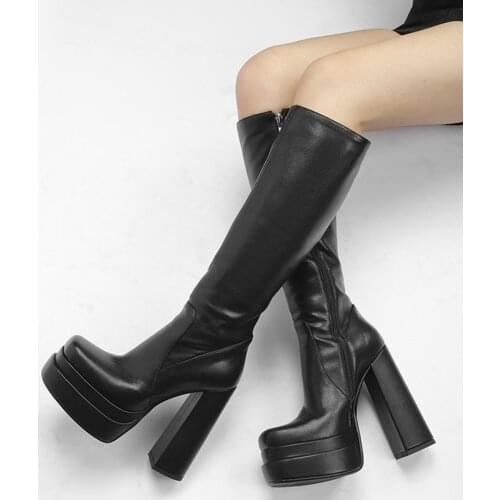 RIBETRINI Genuine Leather Brand Designer Platform Block High Heels Women Boots Zipper Luxury Dress Top Quality Goth Ladies Shoes