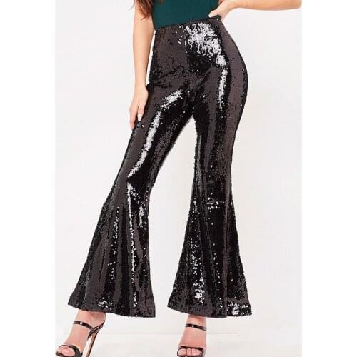 Spring Autumn Black Sequin Pants Women High Wasit Slim Full Length Sparkly Trousers Female High Street Solid Casual Flare Pants