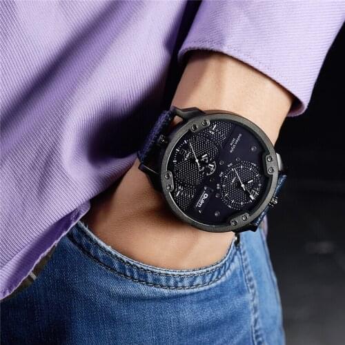 Oulm Two Time Zone Luxury Brand Watch Oversized Dial Personalized Casual Mens Watches Leather Strap Male Quartz Clock