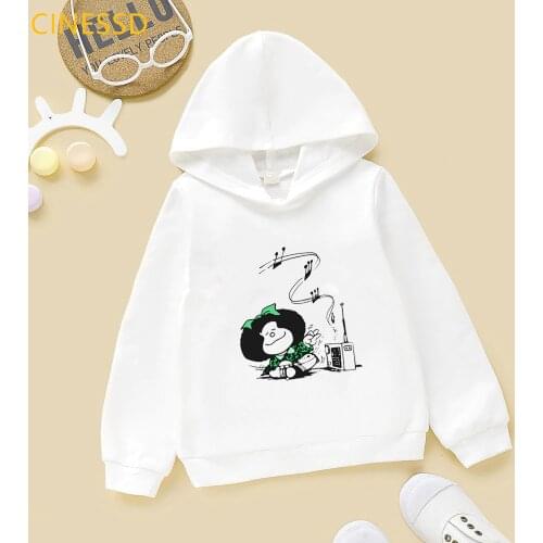 Harajuku Kawaii Children Mafalda Print Kids Hoodies White Pink Yellow Hooded Sweatshirt Girls Hick Winter Clothes Fleece Tops