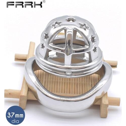 FRRK Small Chastity Cage for Men Metal Penis Ring Stainless Steel Male Bondage Device Belt Denial BDSM Adults Sex Toys