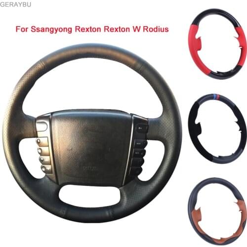 GERAYBU Custom DIY Black Leather Hand-Sewn Car Steering Wheel Cover For Ssangyong Rexton W Rodius Breathable Wear-Resistant