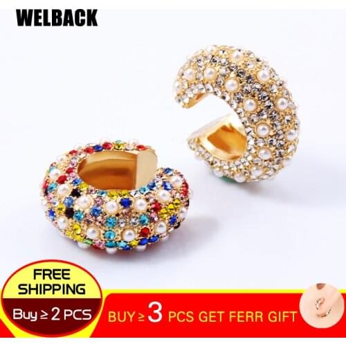 WELBACK Hyperbole Peral Ear Cuff For Women Girl Multicolor Stackable C Shaped Rhinestone Earcuffs Clip Crystal Earrings Jewelry
