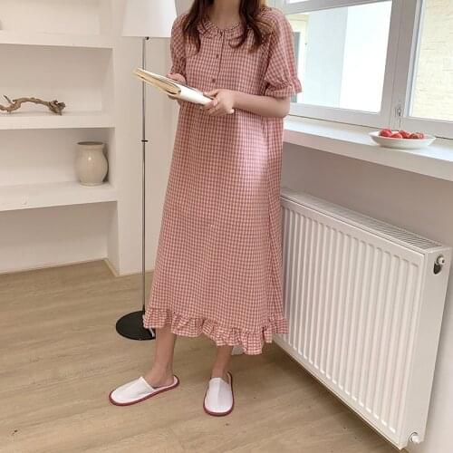 Summer women nightgown ruffles peter pan collar short sleeve plaid nightdress korea chic pure cotton homewear night dress Y898