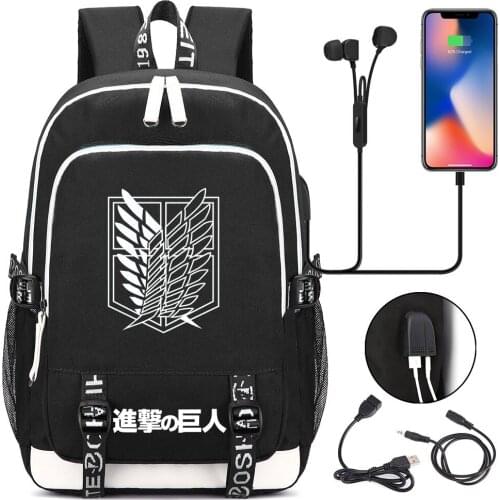 Christmas Cartoon Anime Wings Attack On Titan USB Boy Girl Book School bag Women Teenagers Men Laptop Backpack Packsack