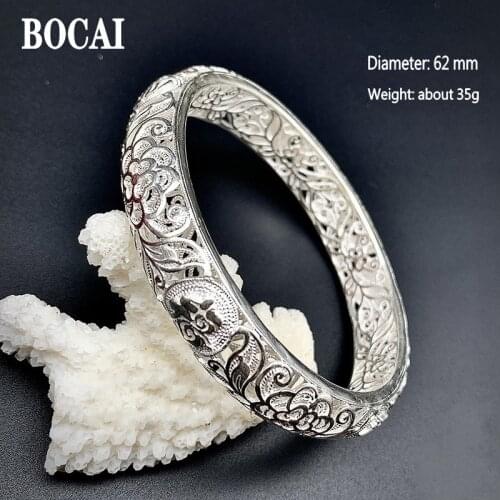 BOCAI 2021 Fashion New s999 Silver Jewelry Woman Bracelet Carved Design Handmade Ethnic Style Four Big Beast Bracelets for Women