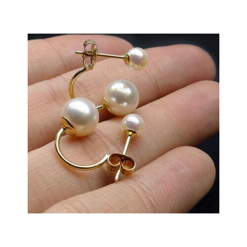 5-8.5MM White Real Akoya Double Pearl Ear Stud Earrings 14 Solid Yellow Gold
