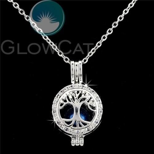 Sparkling Rhinestone Life Tree Beads Pearl Cage Perfume Diffuser Pendants Locket Necklace K1075