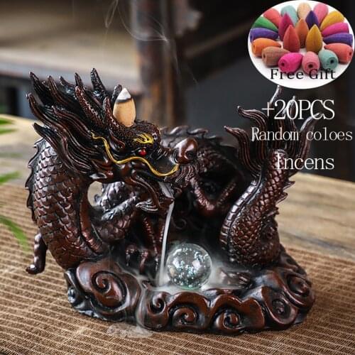 LED Dragon Backflow Incense Burner Resin Smoke Waterfall Incense Holder Censer with 20Pcs Incense Cones Home Decoration Craft