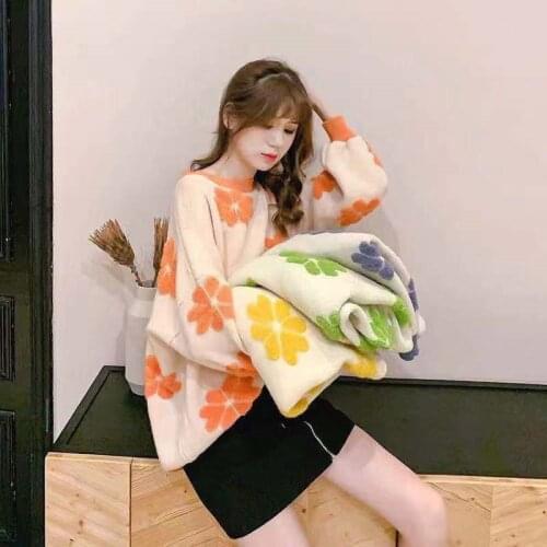 Loose Sweater Casual Round Neck Flower Print 2021 New Lazy Wind Knit Autumn Winter Hot Sell Sweaters Vestidos LXJ833
