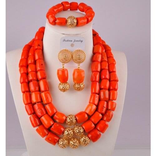 Glorious orange nigerian coral beads african wedding necklace coral jewelry set C21-29-04