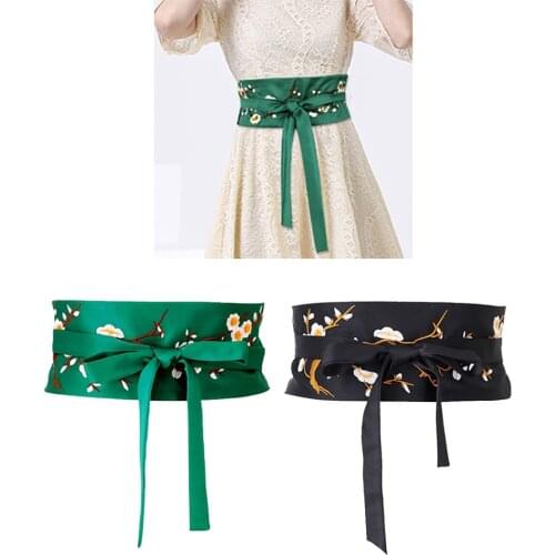 Vintage Style Embroidered Flower Pattern Waistband Obi Belt Corset Belt with Self Tie Long String for Special Dress