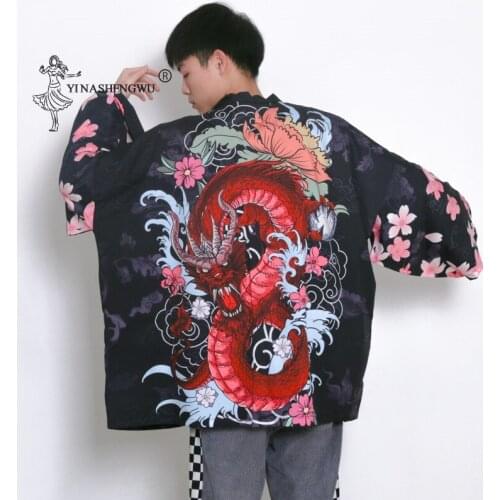 Vintage Cardigan New Japanese Traditional Kimono Streetwear Men Loose Yukata Dragon Print Sun Protective Lothing Fashion Blouse