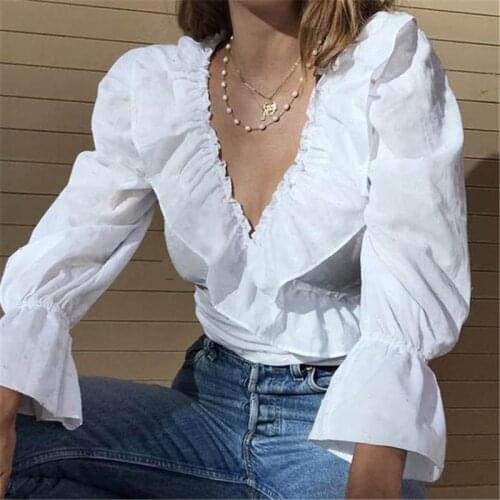 Autumn Women Blouse Ruffle V-Neck Tops Long Lantern Sleeve Blouse Shirt Fashion Tops Womens Tops And Blouses Casual Woman Shirts