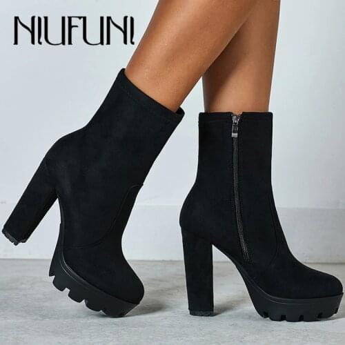 NIUFUNI 2020 Women Ankle Boots Autumn Round Toe Platform Boots Fashion Black Suede High Heel Shoes Botas Mujer