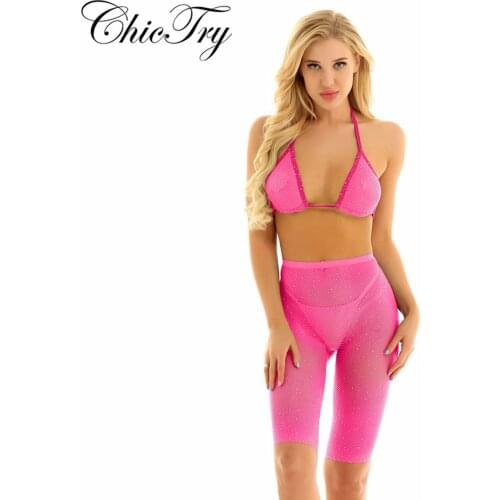 Women Sexy Glitter Rhinestone Fishnet Mesh See Through Lingerie Set Halter Neck Bra Top with Shorts Swimwear Beach Bathing Suits