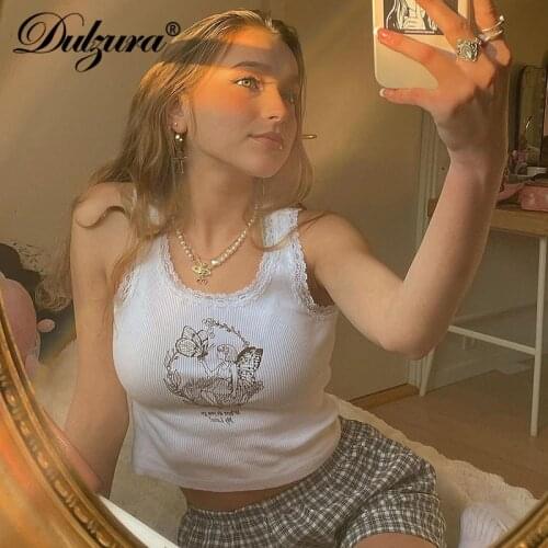 Dulzura Ribbed Knitted Letter Print Lace Patchwork Women Tank Top Crops Bodycon Sexy Streetwear Party Club 2021 Summer Clothes