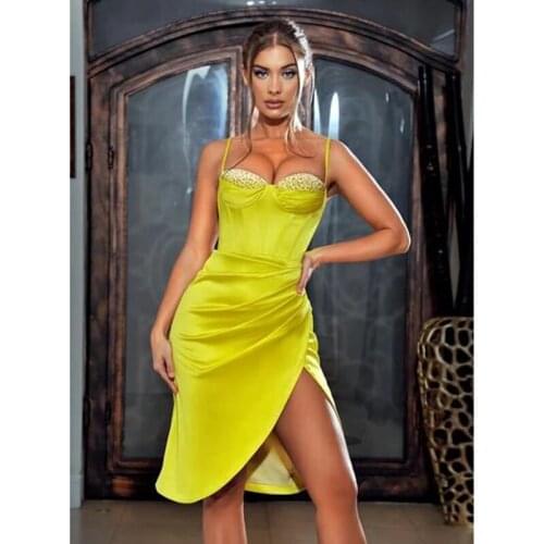 2021 Summer Sexy Spaghetti Strap Yellow White Diamonds Patchwork Satin Women Dress Split Femme Vintage Party Vestidos Robe 70212