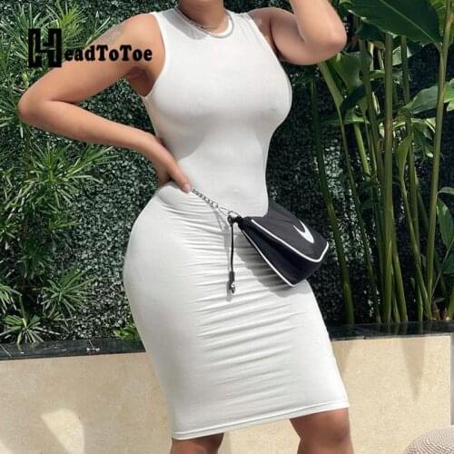 Plain O-neck Sleeveless Casual Bodycon Dress Women