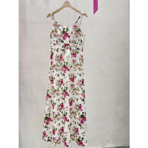 2021 Floral romantic flower print, embroidered lace, heart-shaped neckline, cotton mid-length dress