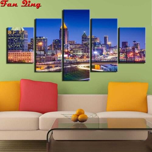 3d Diamond Painting Cross Stitch kits modern city night view 5D DIY Full Square round Mosaic Embroidery Rhinestone picture 5 pcs