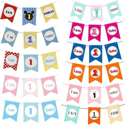 I am 1 Today Banner Paper Lovely Birthday Bunting One Year Old Baby Girls First Birthday Boy Party Photo Props Decoration
