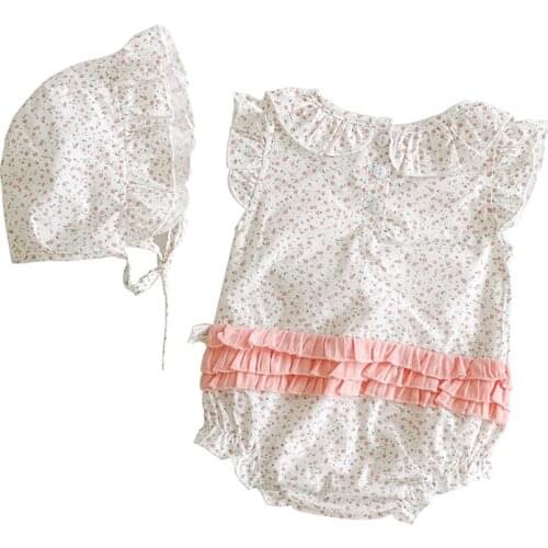 0-24M Sweet Infant Baby Floral Print Bodysuit with Hats 100% Cotton Girls Princess Ruffle Onesies Spring Summer Wear