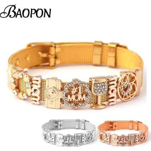 Crystal mom Camera Hollow Love Beads Charm Bracelets DIY Stainless Steel Mesh Belt Bracelet Bangle For Women Men Jewelry Gift