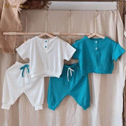 Baby Girl Boy Ribbed Cotton Clothes Set Button Tshirt and Pant 2PCS Summer Infant Toddler Homesuit Baby Bodysuit 1-5Y