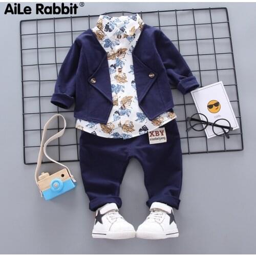AiLe Rabbit 2021 Baby Boys Autumn Casual Clothing Set Baby Kids Button Letter Bow Clothing Sets Babe Jacket + Pant 2-Piece Suit