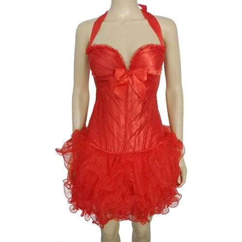 Red Satin Bows Halter Push Up Sexy Corsets And Bustiers Gothic Clothing Dresses Burlesque Overbust Corset With Mini Tutu Skirt