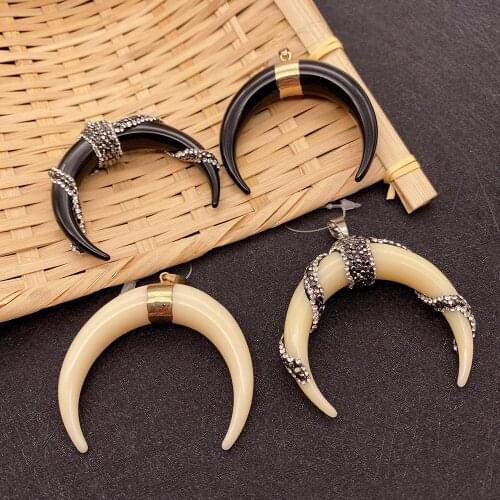 1 Piece of Natural Stone Resin Cow Bone Black and White Copper Pendant with Diamonds Charm Jewelry Necklace Moon Pendant Making
