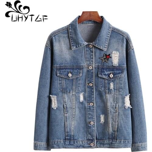 UHYTGF Spring autumn denim jacket Hole print short outerwear Korean loose 5XL plus size jeans jacket women chaquetas mujer 229